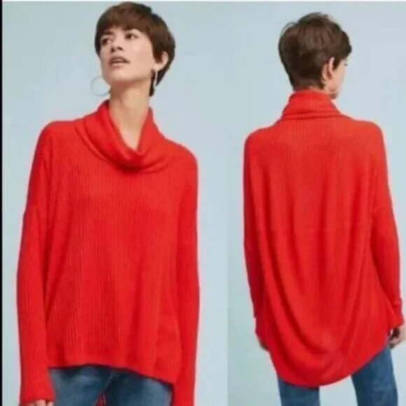 Anthropologie Saturday Sunday red ribbed cowl neck oversized sweater size XS - Picture 4 of 10